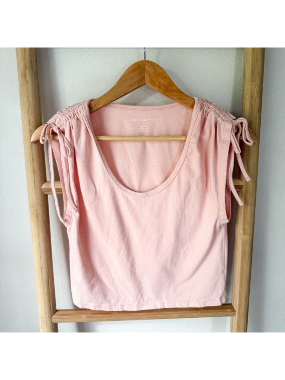 American Eagle Pink Ruched Tie Shoulder Crop Top Sleeveless Medium